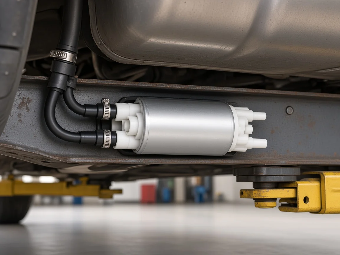 Electric inline fuel pump mounted low on a frame rail near the tank