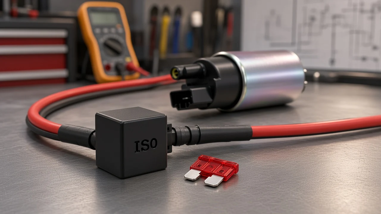 Blade fuse and cube relay beside an electric fuel pump on a shop bench