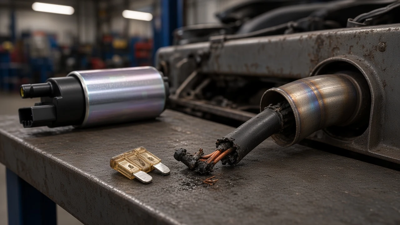 Blown fuel pump fuse beside chafed harness near chassis heat with electric pump kit in background