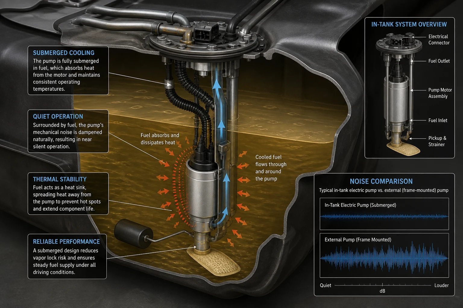 In-tank electric fuel pump cooling and quiet operation scene