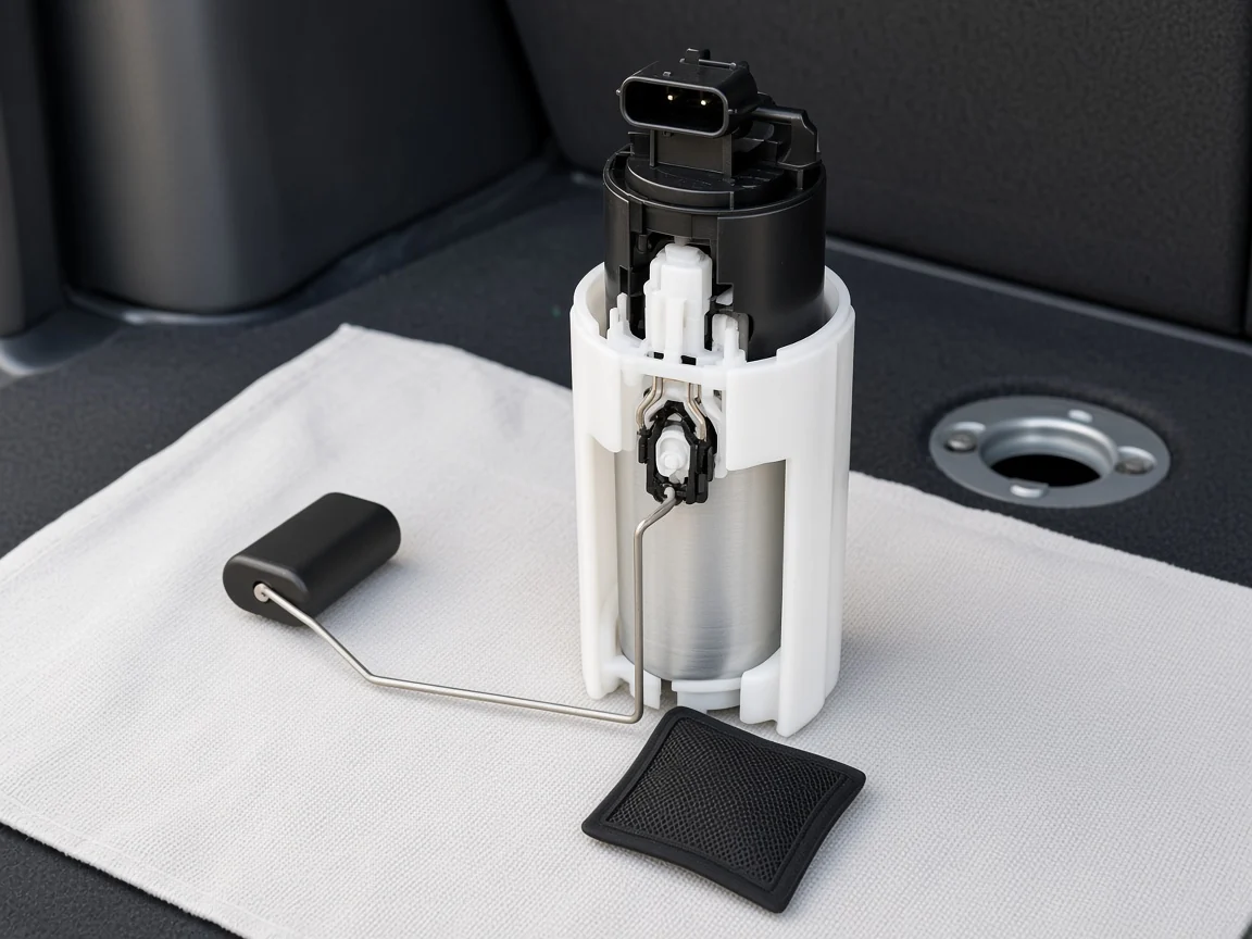 In-tank electric fuel pump module with strainer and level sensor lifted from a petrol tank