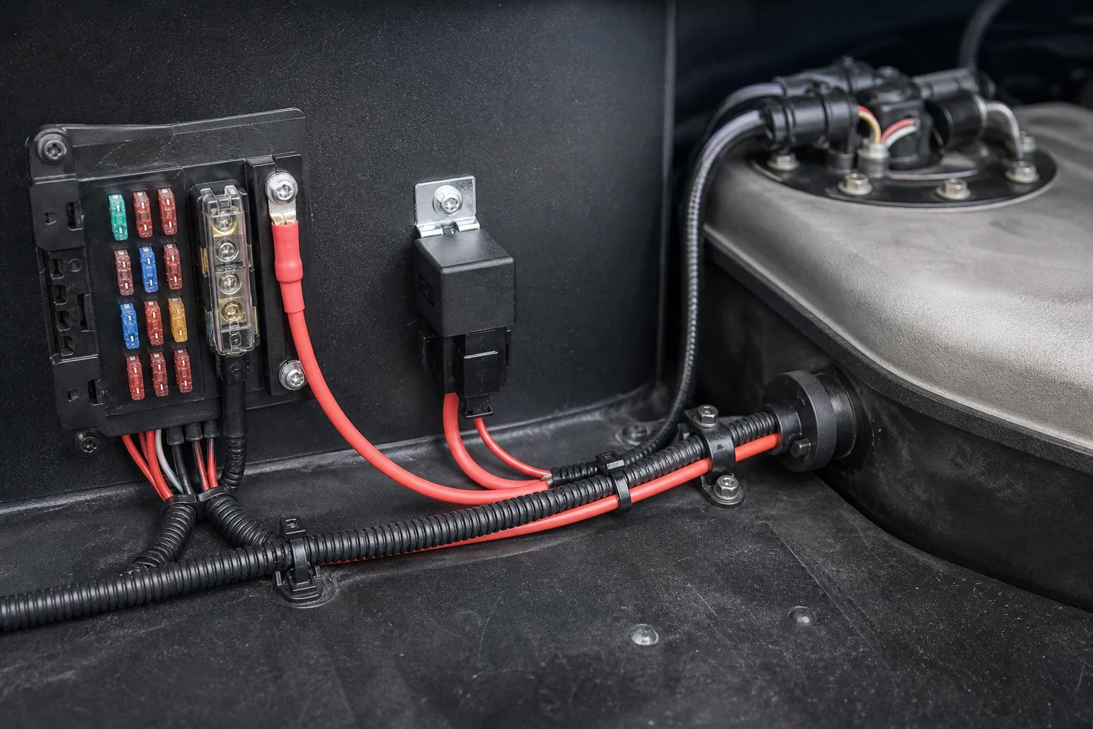 Fuse and relay feed path toward an in-tank fuel pump module