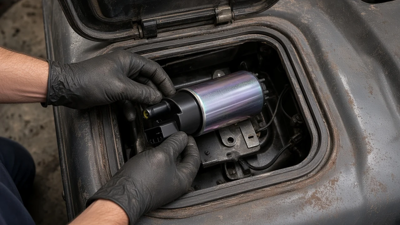 Electric fuel pump being lowered into a fuel tank access opening