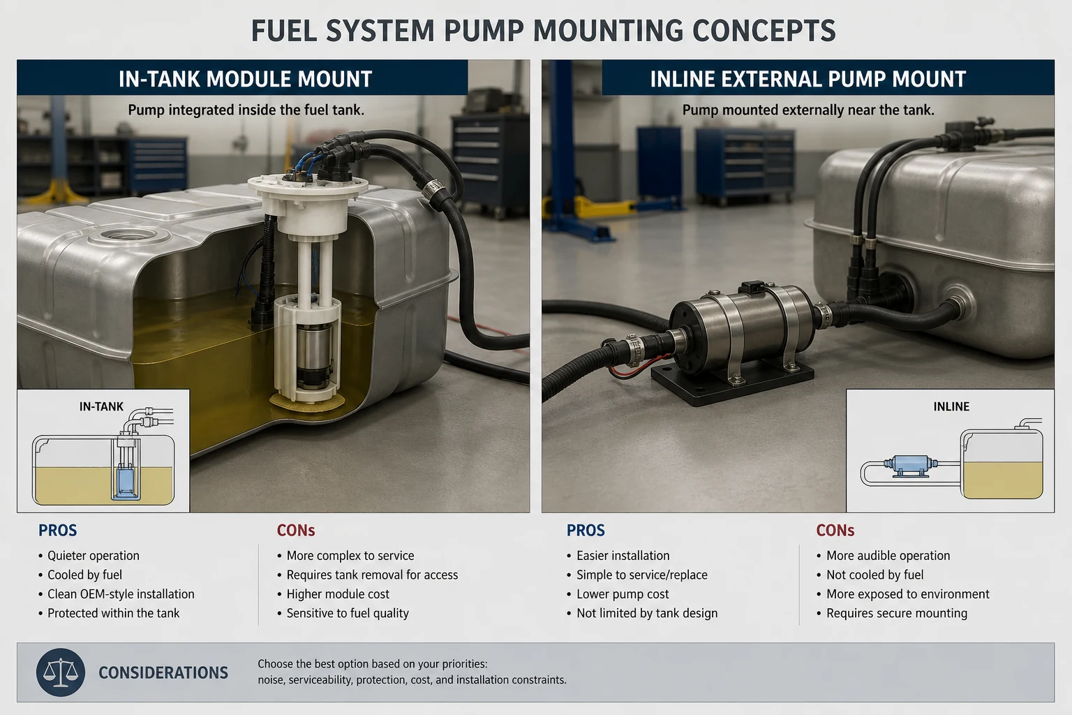 In-tank electric fuel pump module contrasted with inline external electric pump