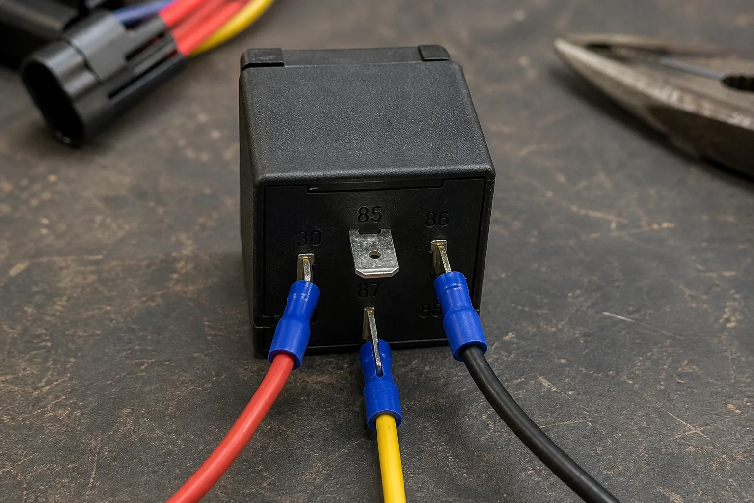 How to Wire a 12 Volt Fuel Pump: Polarity, Relay, Fuse, and Ground Pre-Check Automotive ISO mini relay with numbered pins being wired for a fuel pump circuit