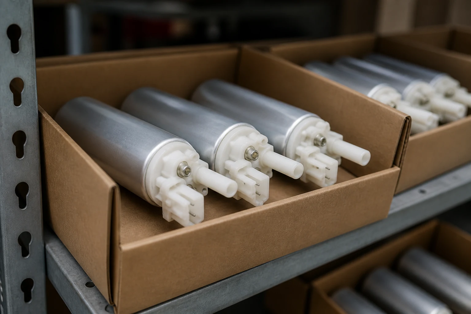 Fuel pump assemblies seated in plain cartons on a warehouse shelving rack