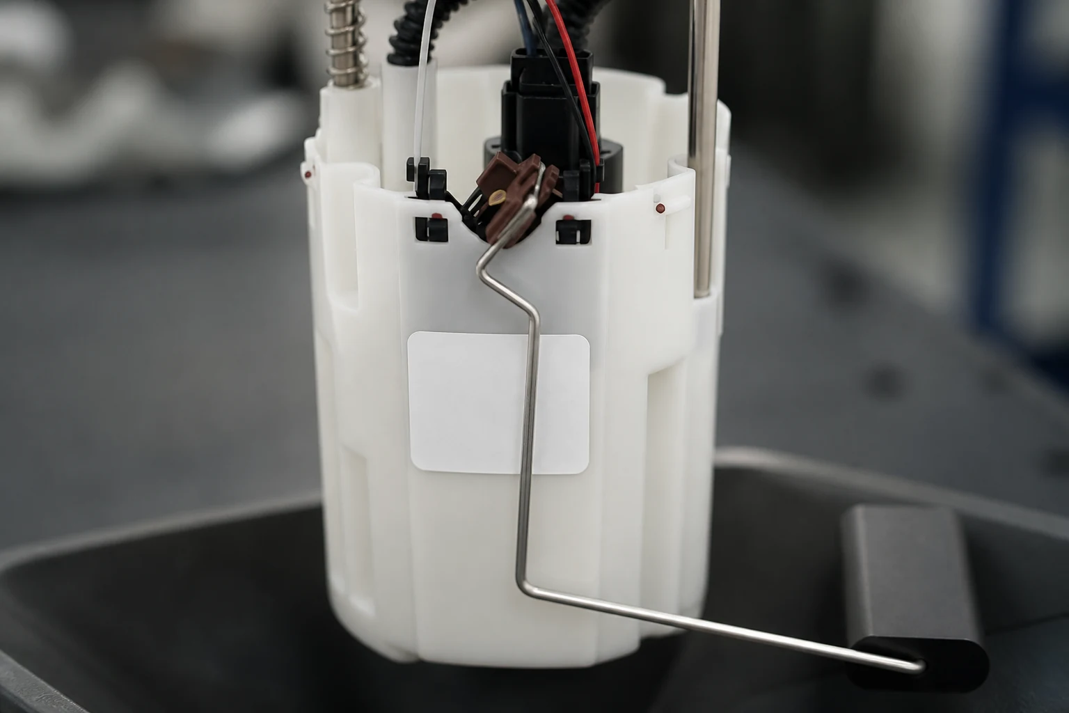 Close view of a fuel pump body with a blank unprinted adhesive label applied