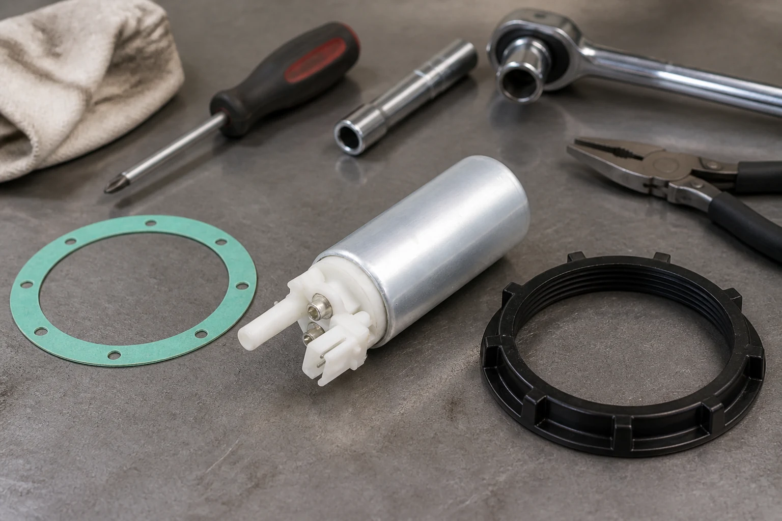 Fuel Pump Replacement Cost: A Wholesale Buyer's Guide to Parts and Labor Drivers Fuel pump module with a new flange seal, lock ring and hand tools laid out for replacement