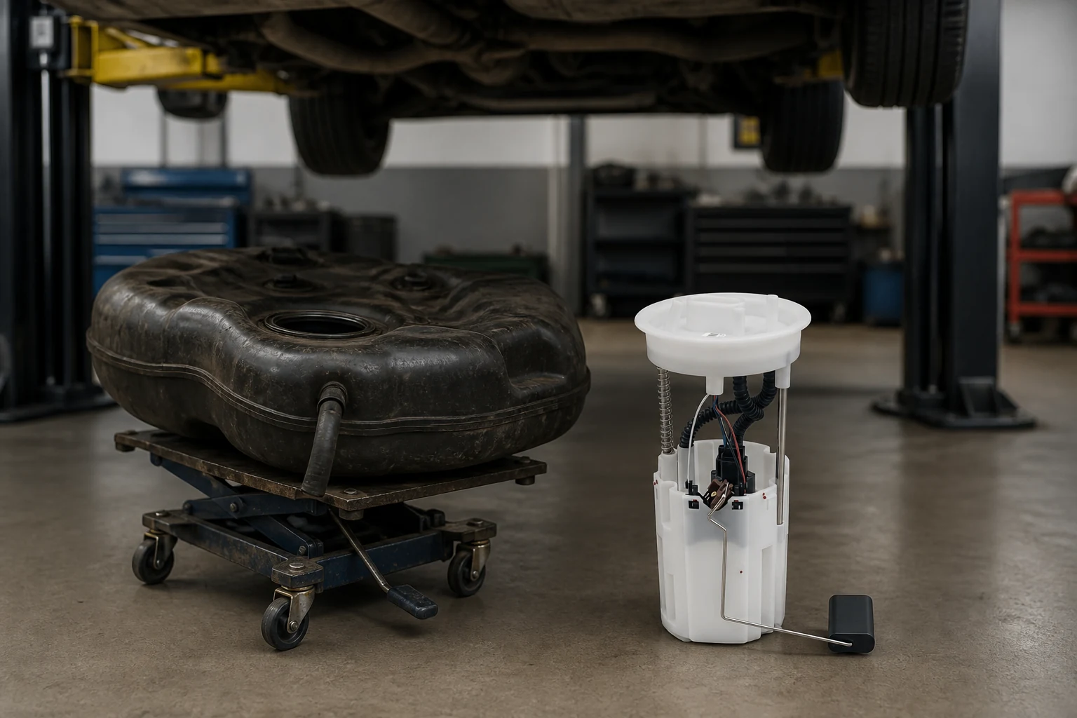 Fuel Pump Replacement Cost: A Wholesale Buyer's Guide to Parts and Labor Drivers Fuel pump module beside a fuel tank on a transmission jack under a vehicle on a two-post lift
