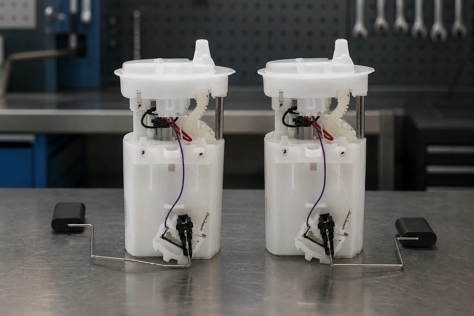 Two in-tank fuel pump module assemblies side by side for an OEM-versus-aftermarket comparison