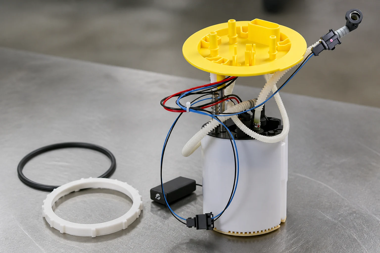 Close view of a fuel pump module flange plate with a new seal ring and lock ring beside it