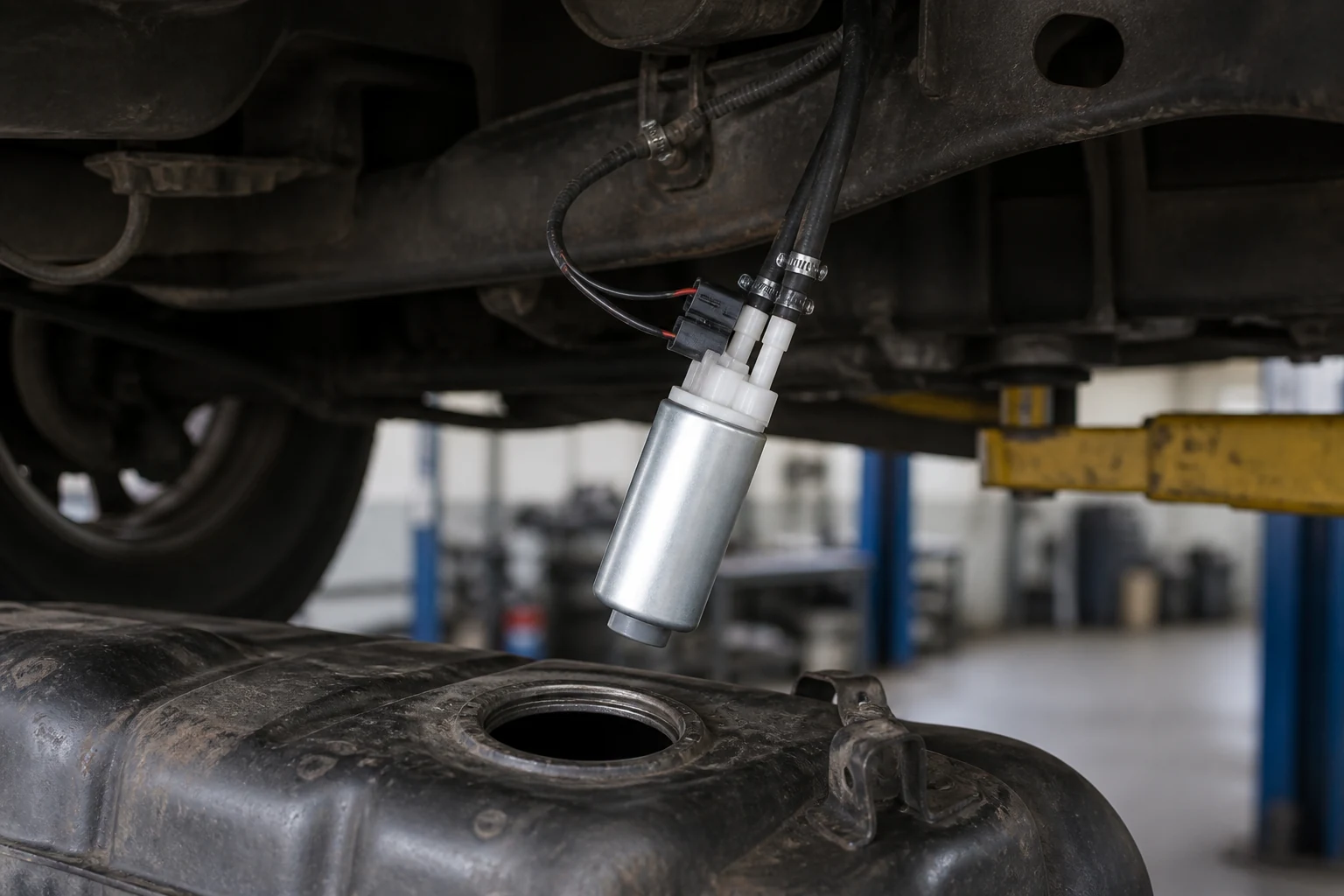 Where Is the Fuel Pump Located? Platform Overview for Service Parts Planning Fuel pump module above a partially lowered fuel tank under a vehicle on a lift