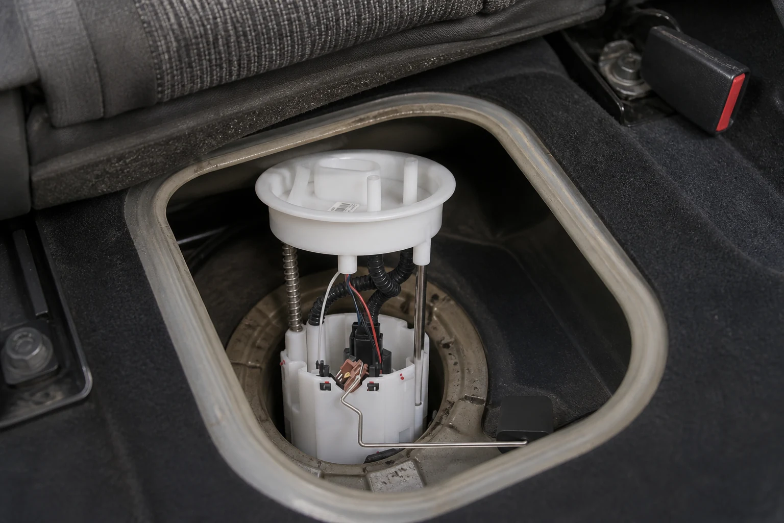 Where Is the Fuel Pump Located? Platform Overview for Service Parts Planning Fuel pump module visible through a floor access panel beneath a lifted rear seat cushion