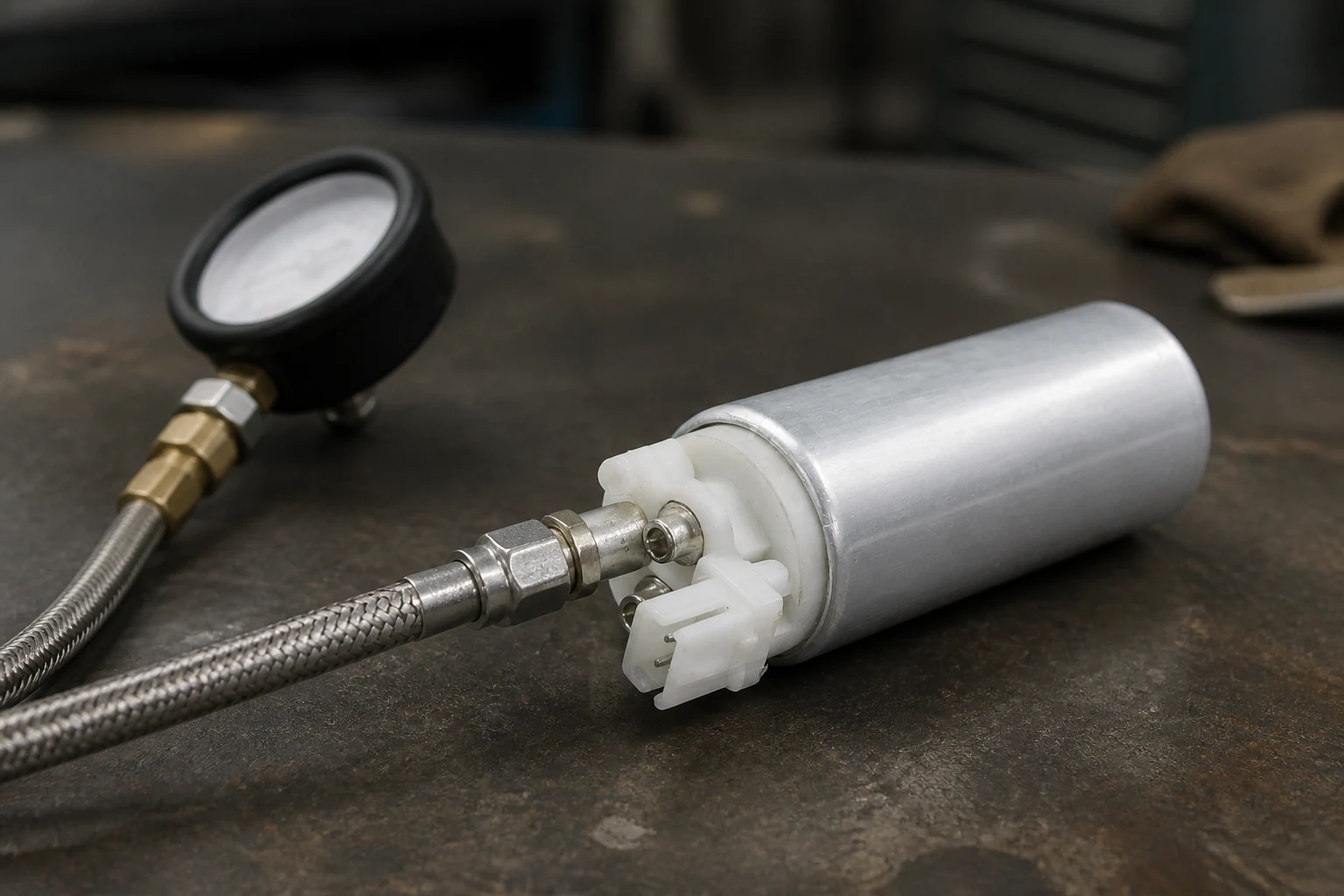 Bad Fuel Pump Symptoms: Field Diagnosis Guide for Parts Distributors Fuel pump with a pressure test gauge connected to its outlet by a braided hose