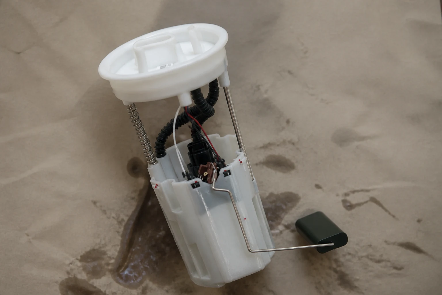 Bad Fuel Pump Symptoms: Field Diagnosis Guide for Parts Distributors Fuel pump removed from the tank on shop paper with a discoloured sock strainer