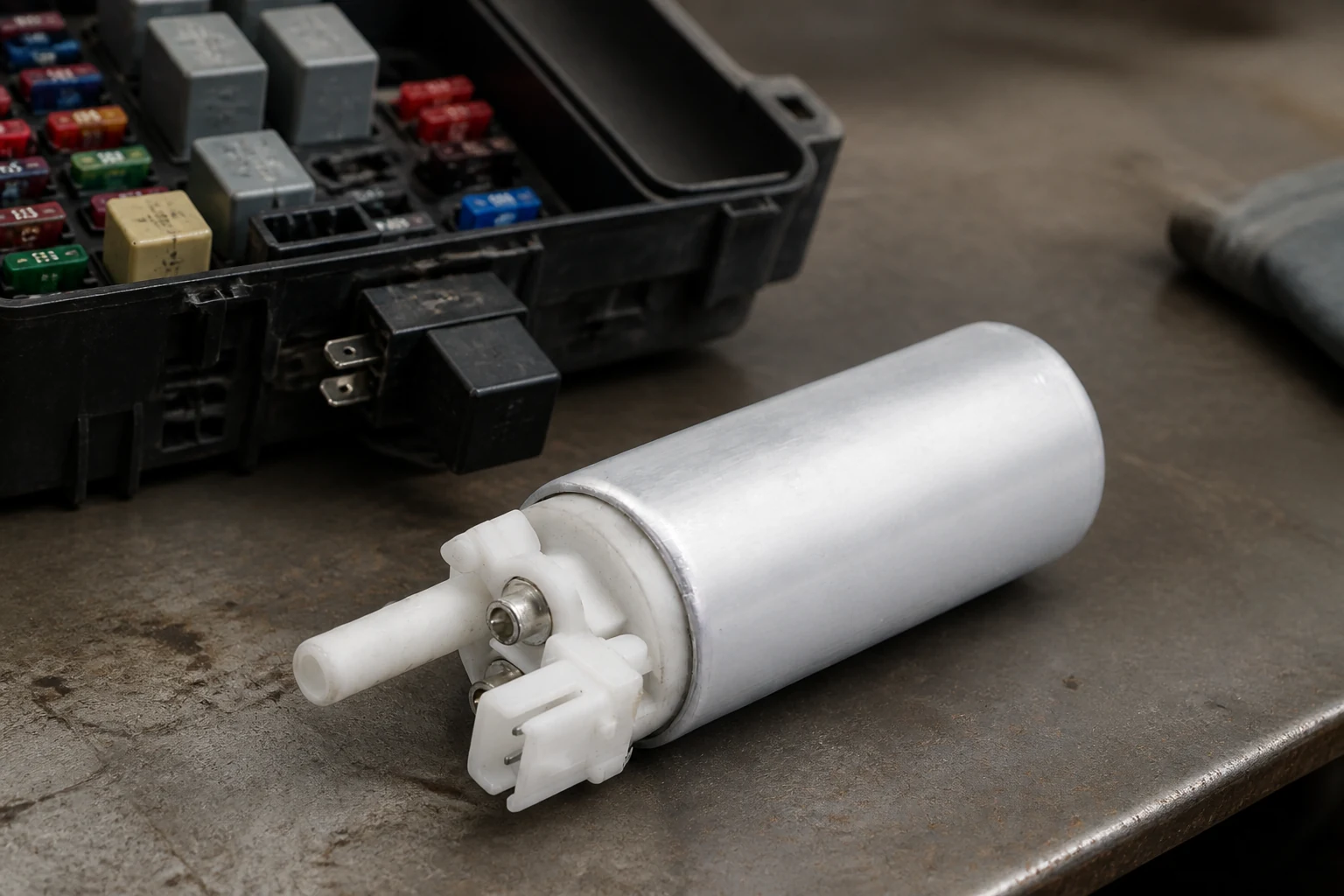 Fuel pump in front of an opened relay box with an ISO cube relay half withdrawn from its socket