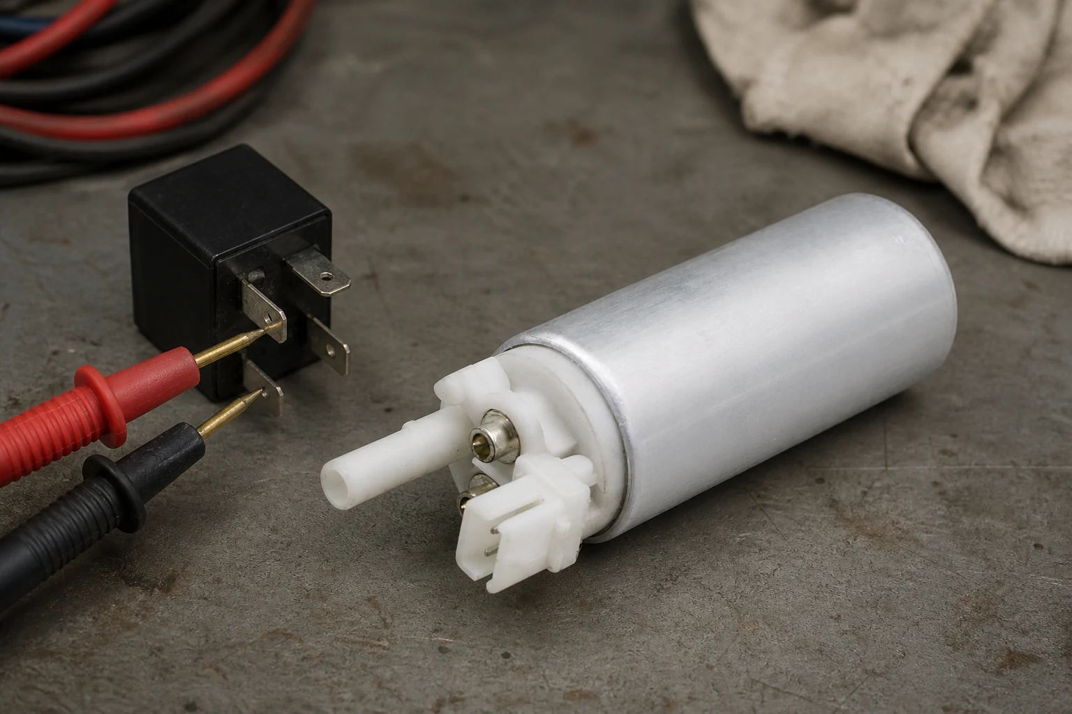 ISO cube relay with multimeter probes on its blade terminals beside a fuel pump