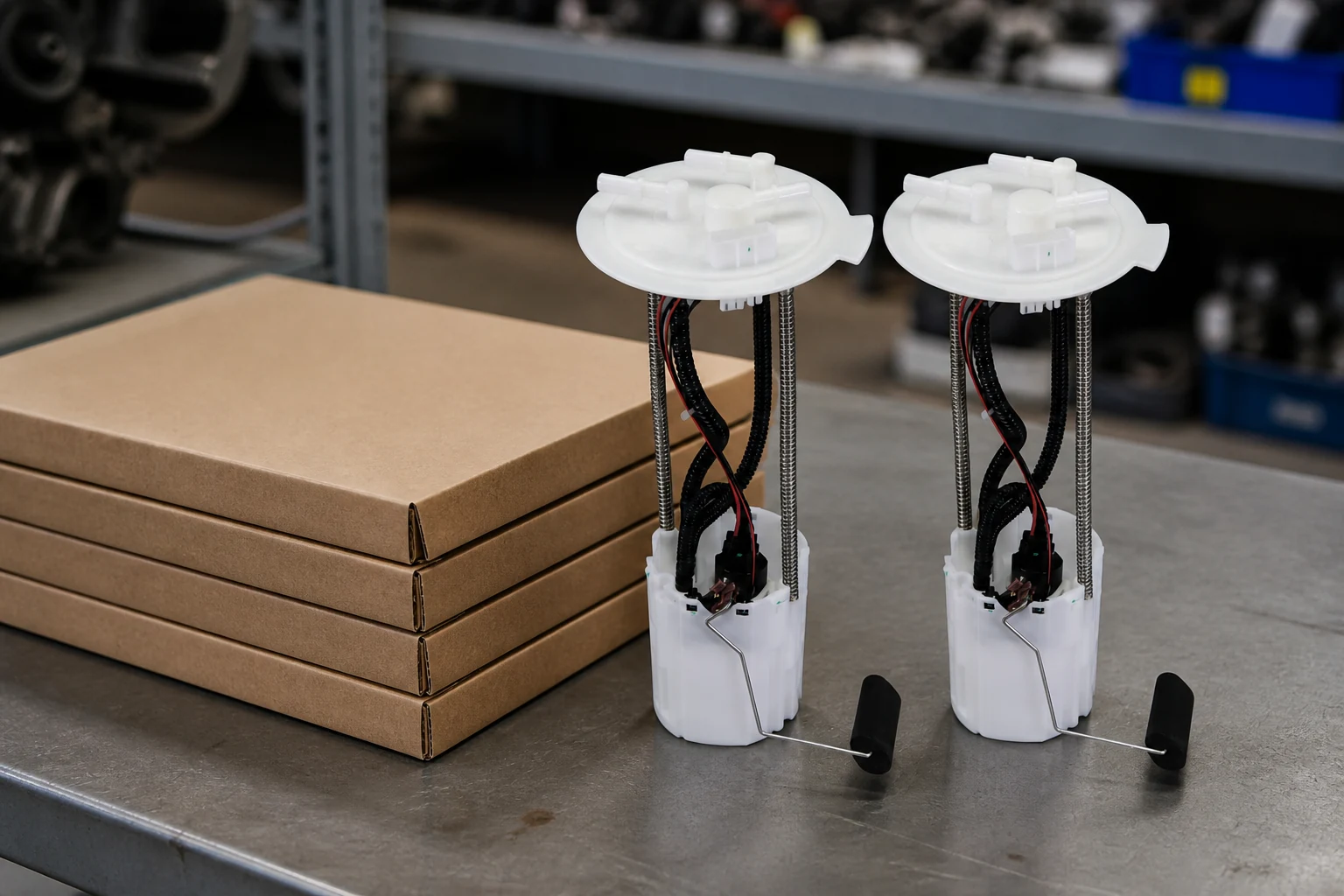 Two Nissan fuel pump module assemblies on a warehouse counter beside a stack of plain cartons