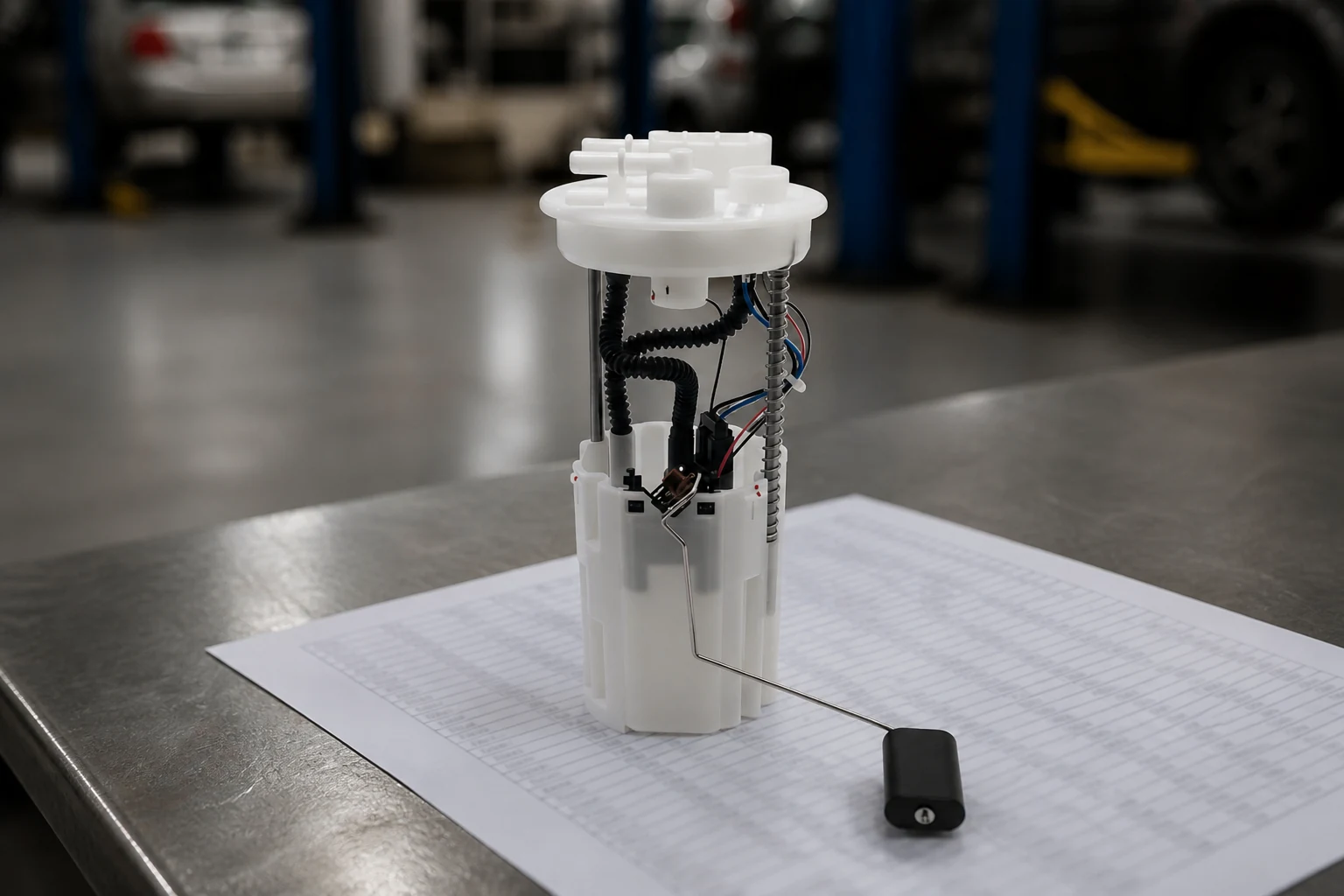 Lexus and Toyota Fuel Pump Recall Models: Cross-Reference for Parts Buyers Toyota fuel pump module on a parts counter atop an out-of-focus printed cross-reference table