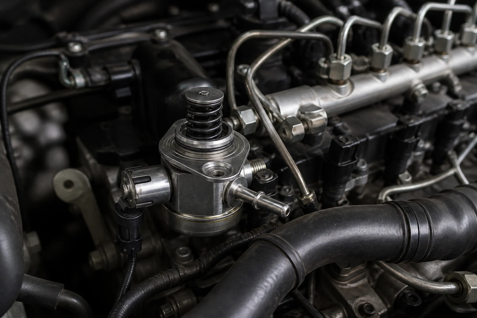 DCR Fuel Pump Systems: Specifications for Diesel Aftermarket Programs High pressure diesel pump mounted on an engine with high pressure pipes to a common rail and injectors