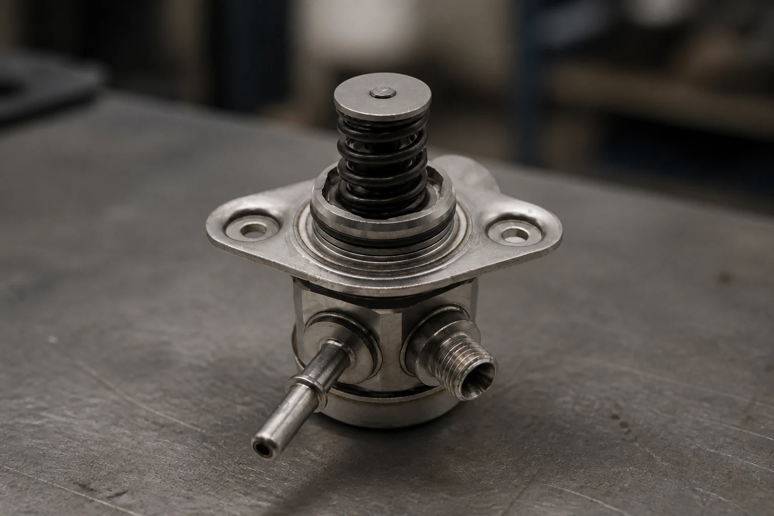 DCR Fuel Pump Systems: Specifications for Diesel Aftermarket Programs Bench view of a common rail diesel pump showing outlet port, inlet metering valve and drive flange