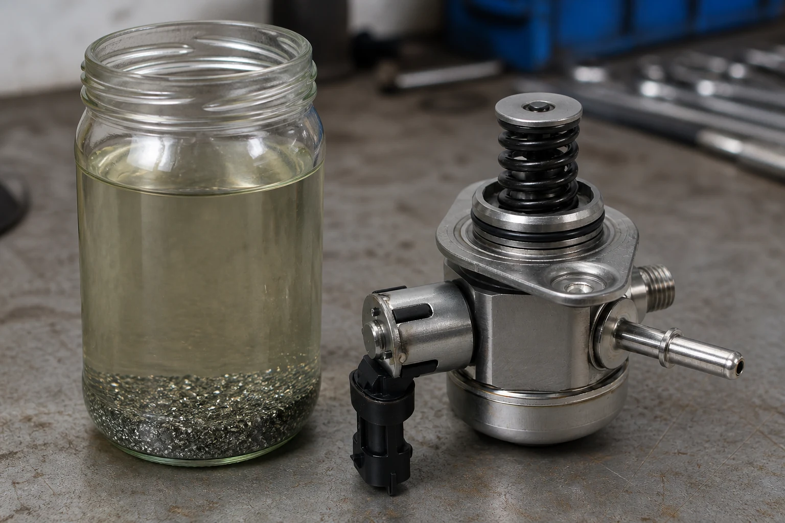 CP4 Fuel Pump Failures and High-Pressure Diesel Pump Sourcing Options High pressure diesel pump beside a clear jar of diesel with metal particles settled at the bottom