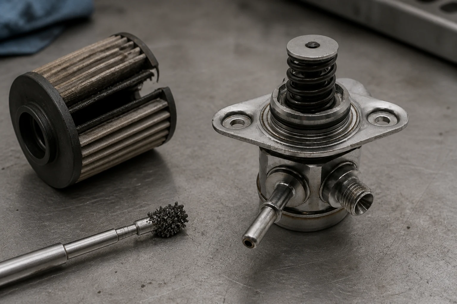 CP4 Fuel Pump Failures and High-Pressure Diesel Pump Sourcing Options High pressure diesel pump with a cut-open filter element and magnetic pickup tool holding fine swarf