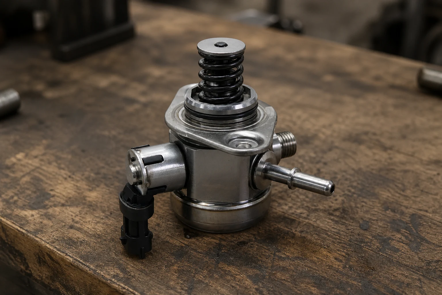 CP3 Fuel Pump RFQs: Evidence Before a Quote High pressure diesel injection pump on a workbench showing outlet ports and drive shaft end