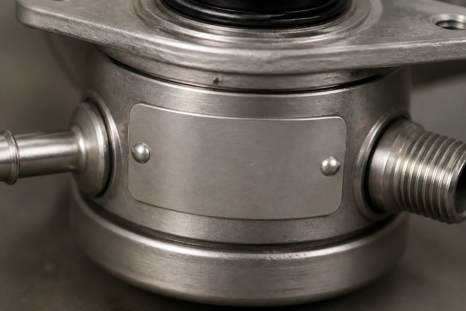 CP3 Fuel Pump RFQs: Evidence Before a Quote Macro view of a blank stamped identification plate on a high pressure diesel pump housing