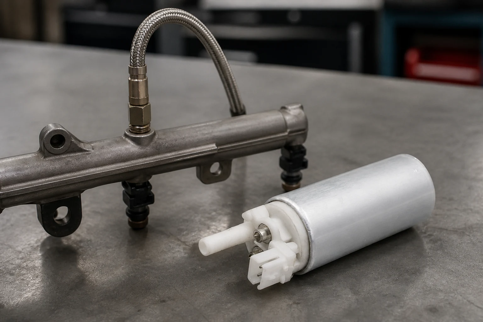 Fuel pump beside a fuel rail test port fitted with a gauge adapter and braided hose