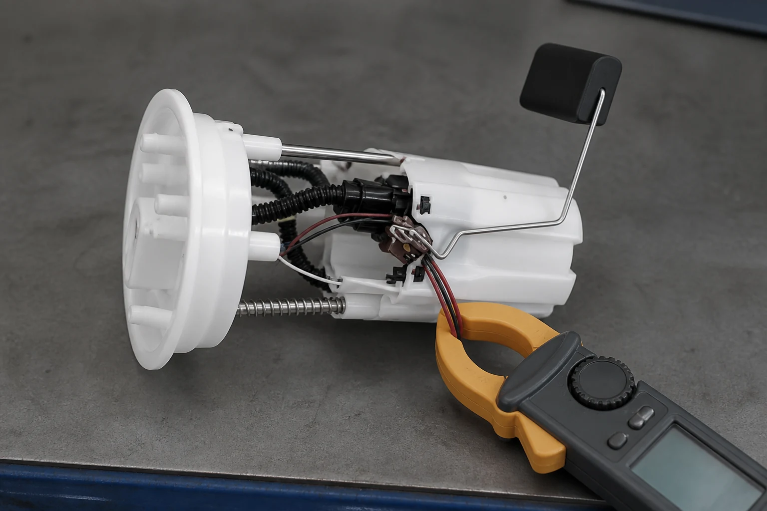 Clamp meter closed around a fuel pump power lead for a current draw check