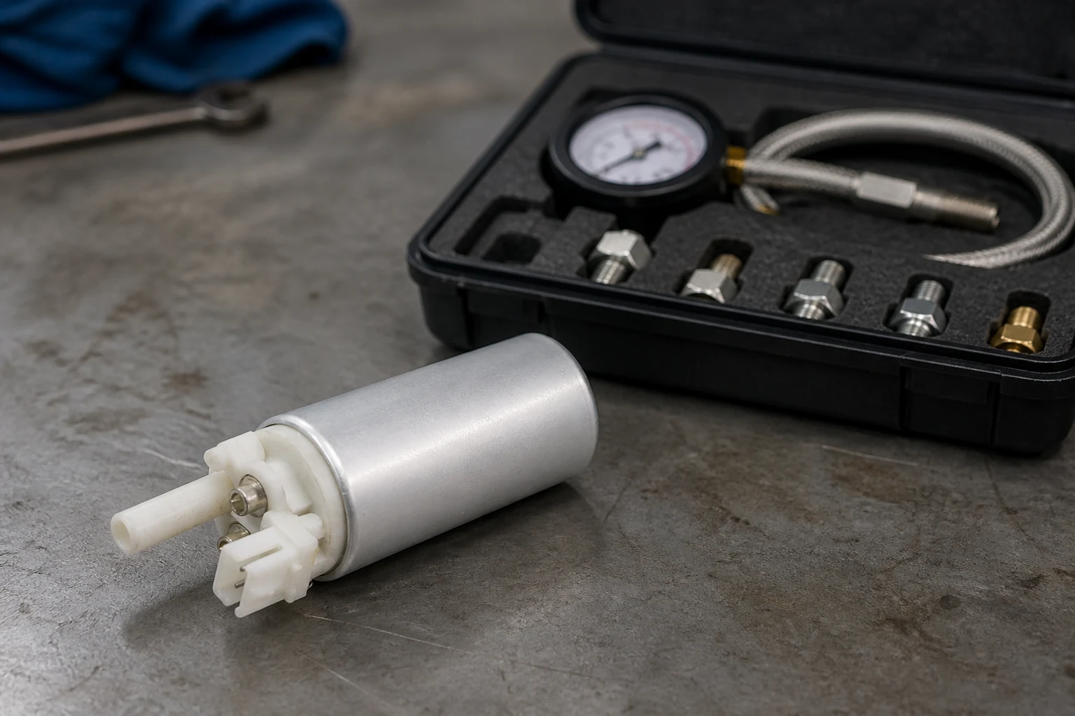 Fuel pump beside an opened fuel pressure test kit with gauge, braided hose and threaded adapters