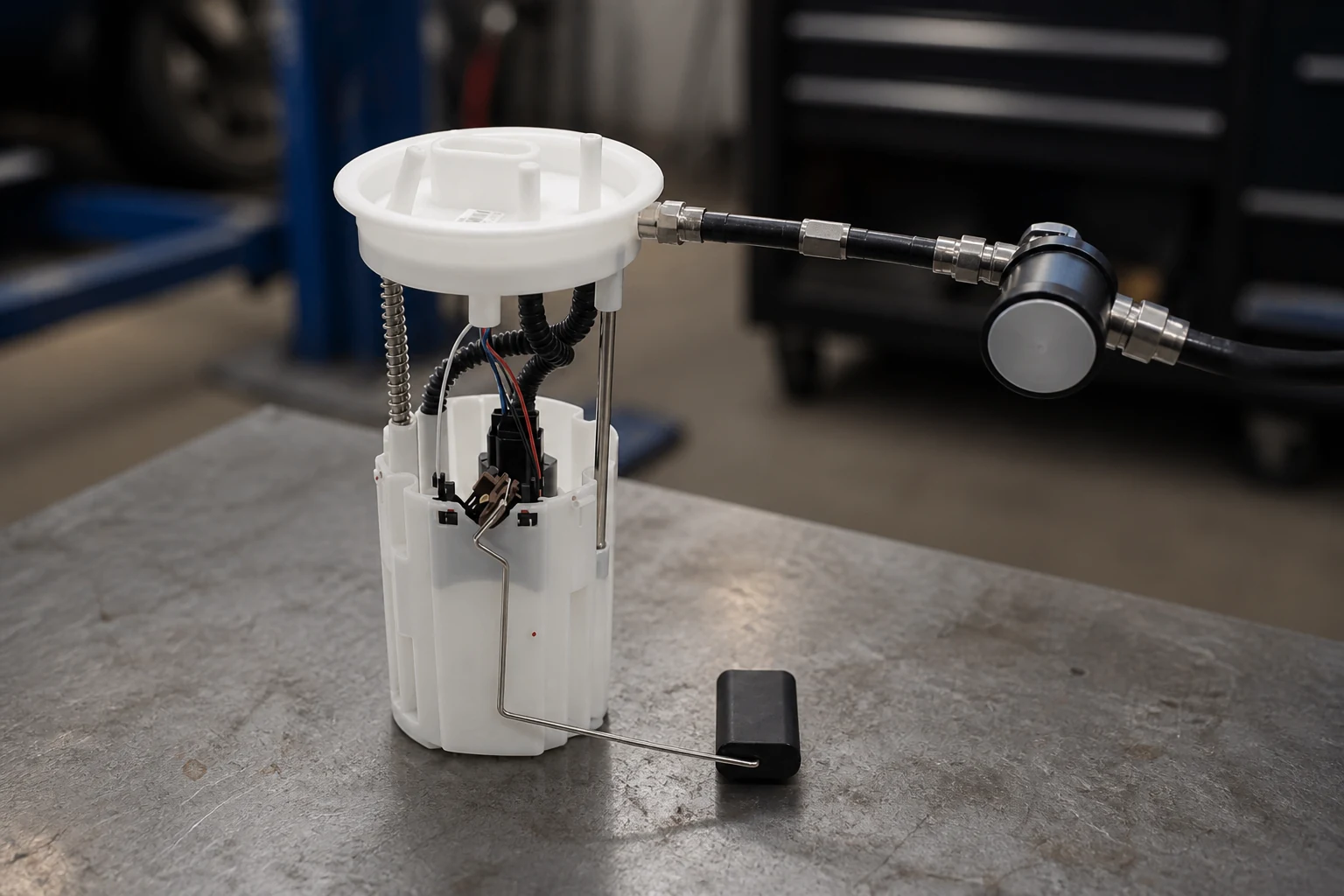 Test gauge assembly teed into a fuel pump outlet line with quick-connect fittings