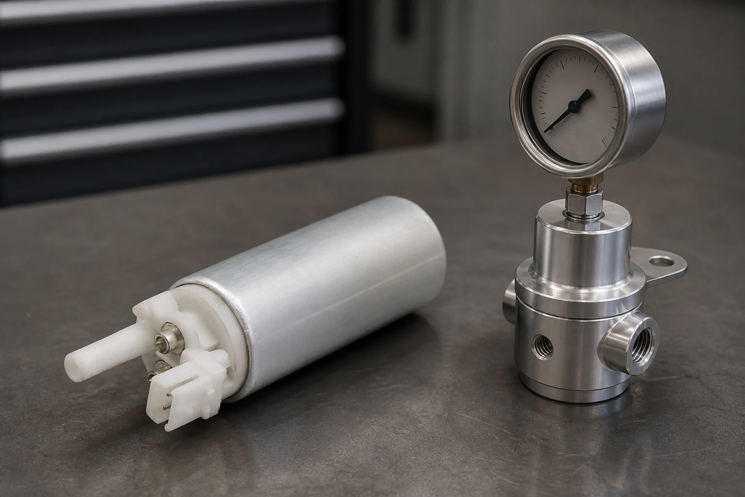 Electric fuel pump beside an adjustable fuel pressure regulator with a gauge in its top port