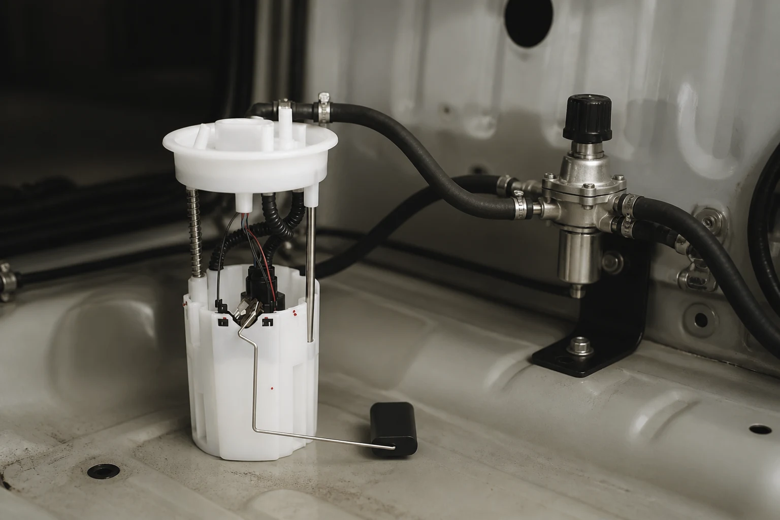 Electric fuel pump in a return-style plumbing layout with feed and return hoses to a regulator
