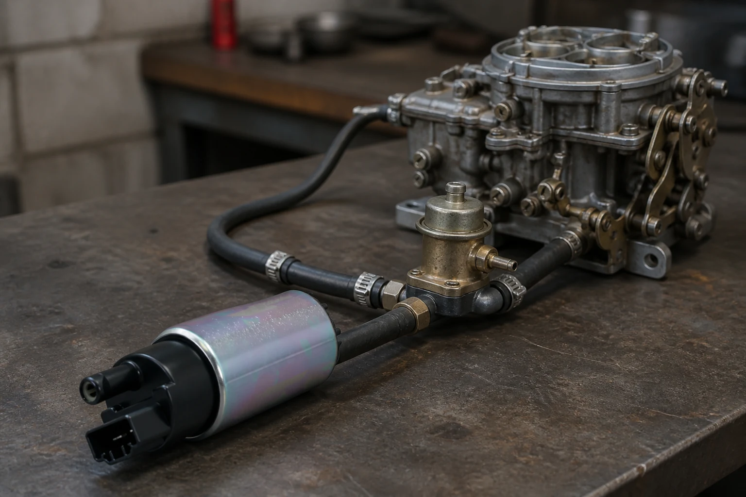 Low-Pressure Electric Fuel Pumps for Carburetor Requests: Define the System First Low-pressure electric fuel pump plumbed to a regulator and twin-barrel carburettor on a bench