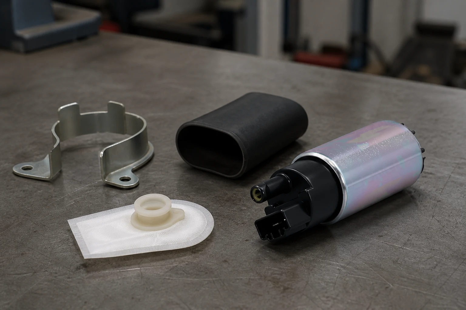 255 LPH Fuel Pumps: Flow Ratings and OEM Assembly Alternatives Fuel pump cartridge beside a module hanger bracket, rubber isolator sleeve and mesh sock filter