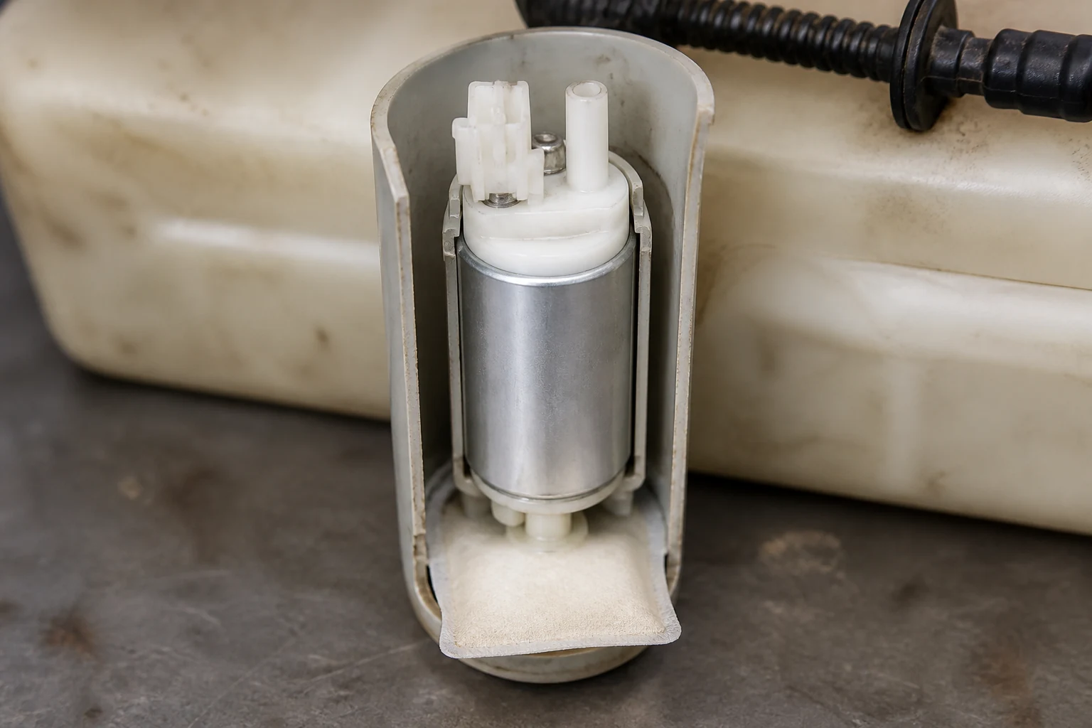 255 LPH Fuel Pumps: Flow Ratings and OEM Assembly Alternatives Cutaway view of a cartridge pump seated inside a fuel pump module reservoir with sock filter attached