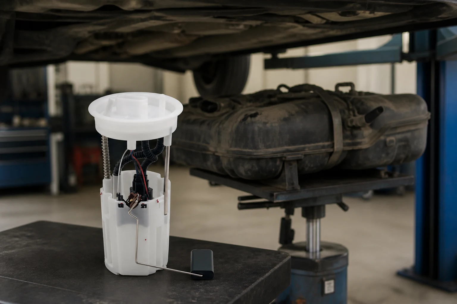 Fuel Pump Repair vs Replacement: Cost Factors for Fleet Procurement Fuel pump in the foreground with a fuel tank lowered on a jack beneath a lifted vehicle