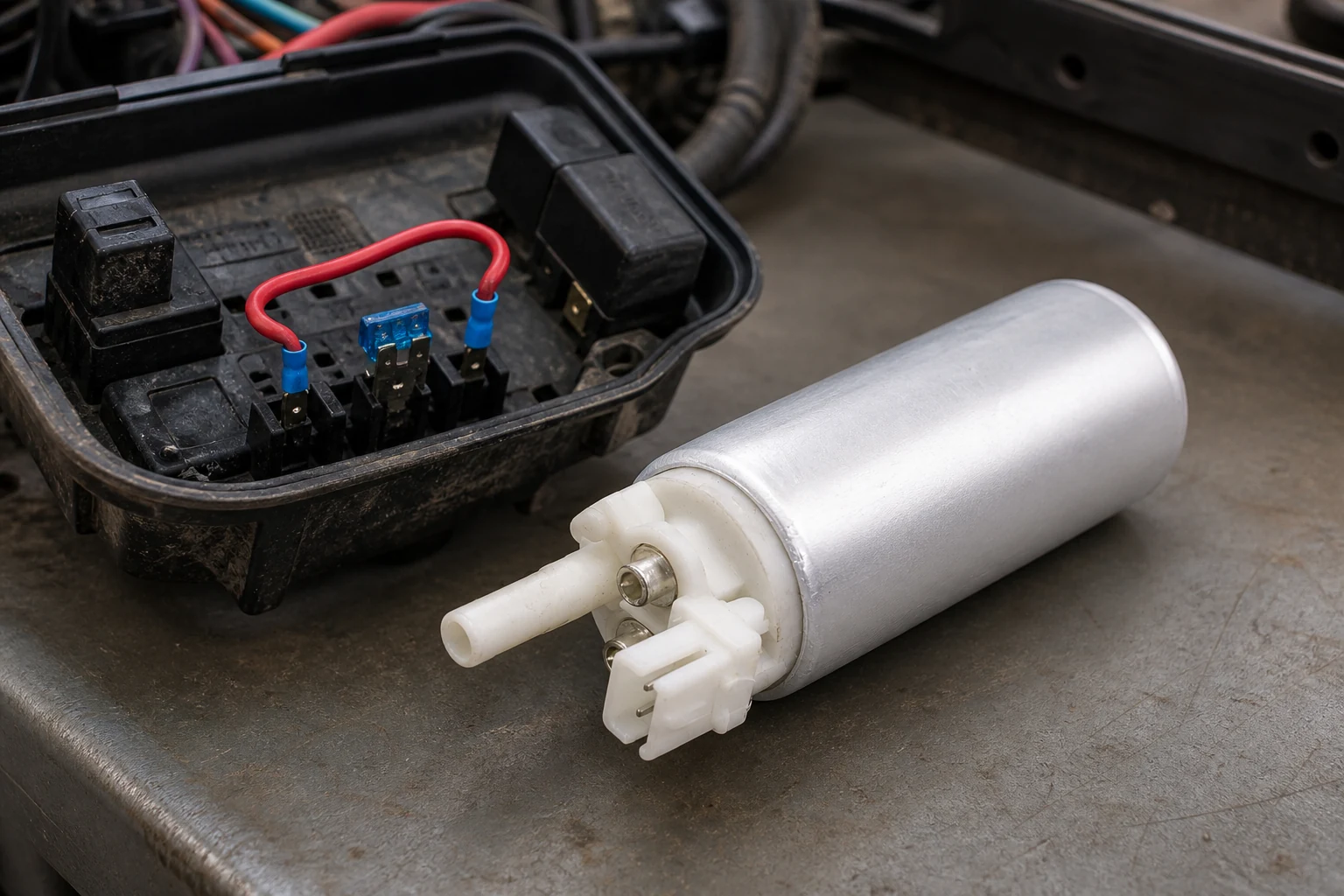 Fuel pump beside an opened relay box with a fused jumper bridging two socket terminals