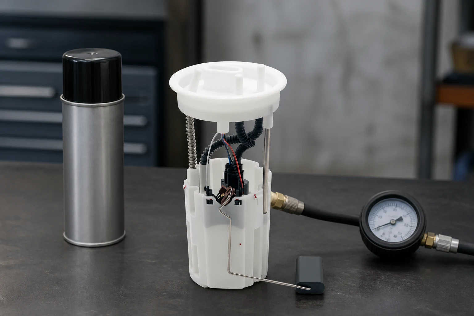 Fuel pump with a pressure gauge on its outlet and a capped starting-fluid can to one side
