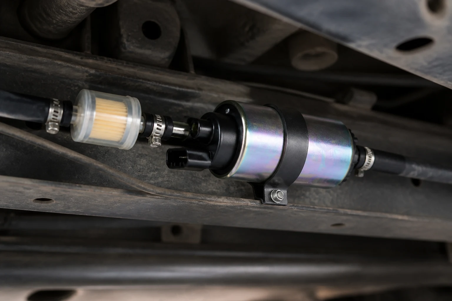 Inline electric fuel pump clamped to a frame rail with a pre-filter mounted upstream of its inlet