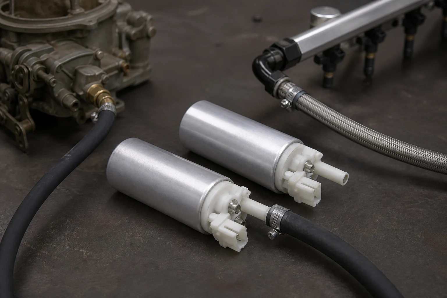 Two inline fuel pumps on a bench, one plumbed toward a carburettor and one toward an EFI rail