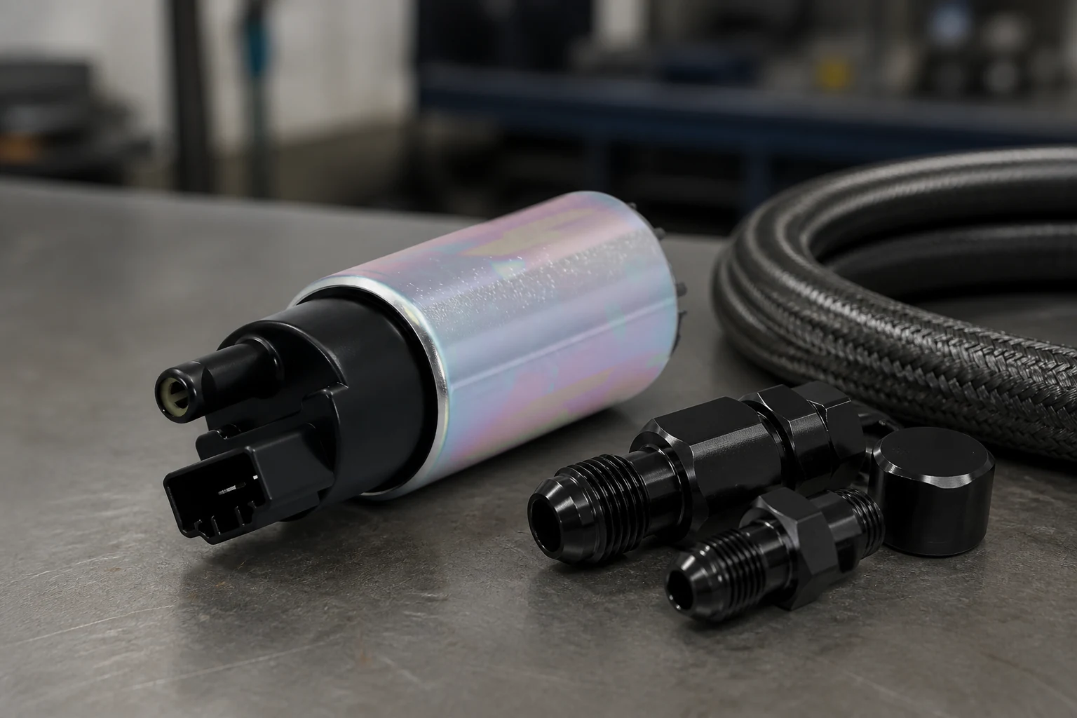 High-flow electric fuel pump with large-bore AN-style adapters and wide braided hose