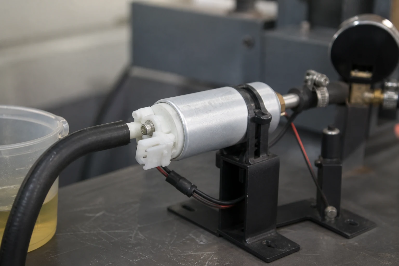 High-flow fuel pump mounted in a bench test rig with wide-bore feed hose to a graduated vessel