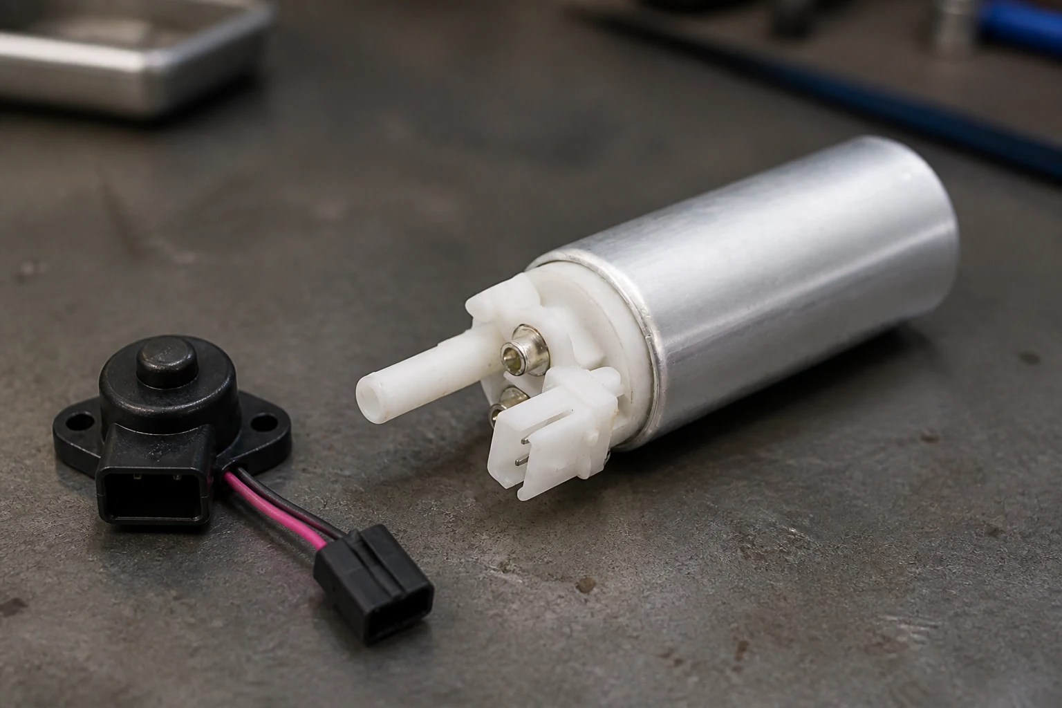Fuel Pump Shut-Off Switch Reset: How to Verify the Right Platform Procedure Fuel pump beside a moulded inertia cut-off switch with raised reset button and connector pigtail