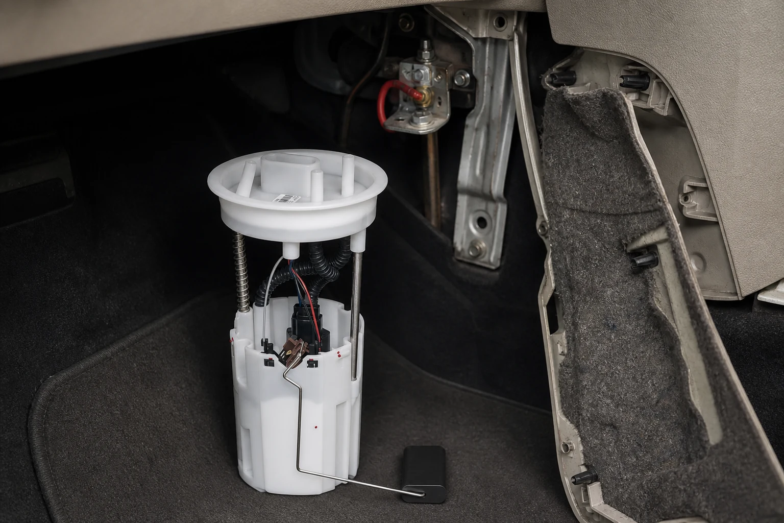 Fuel Pump Shut-Off Switch Reset: How to Verify the Right Platform Procedure Interior kick panel lifted away to expose a bracket-mounted fuel pump cut-off switch