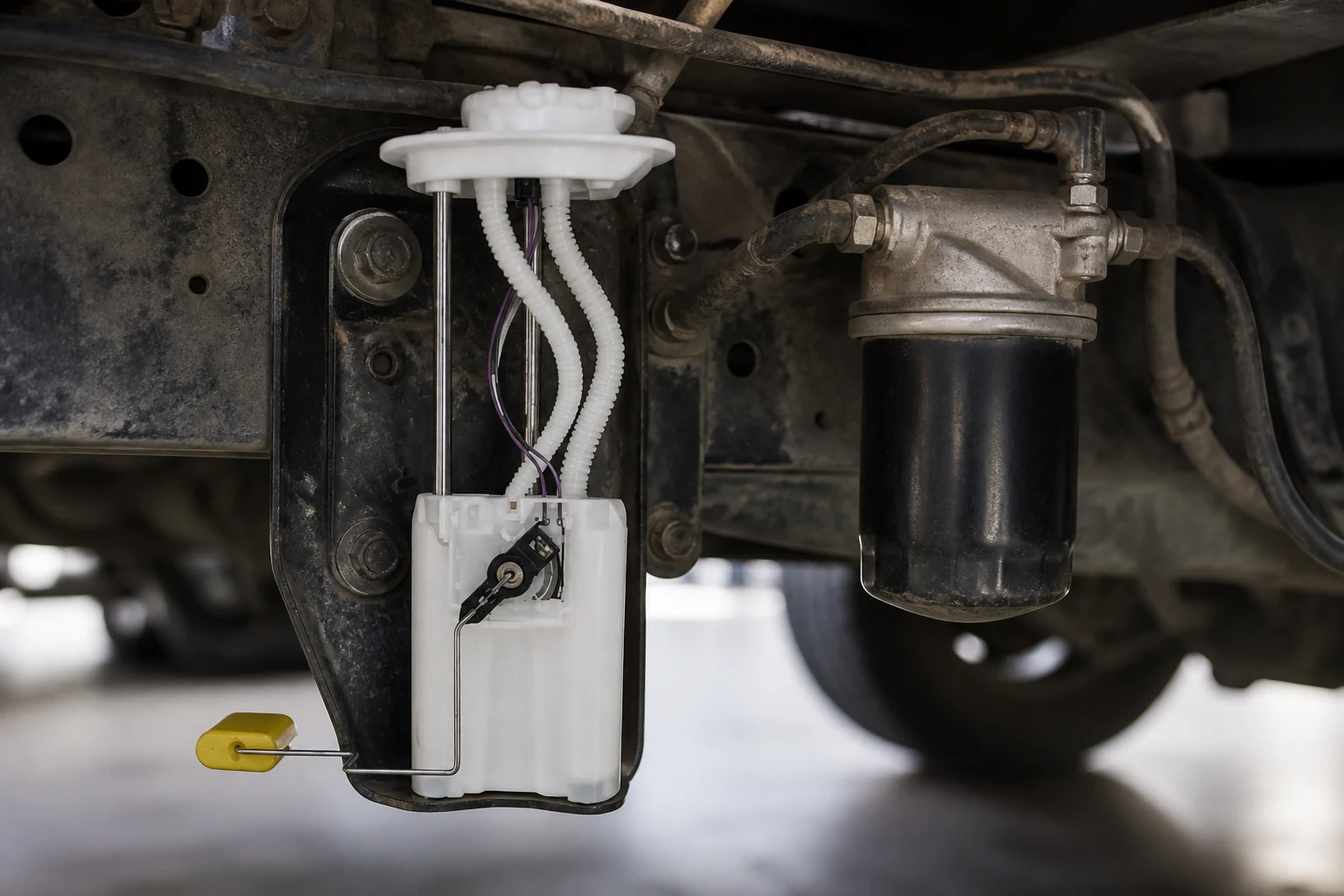 Chassis-mounted diesel lift pump on a bracket beneath a truck with a spin-on filter head