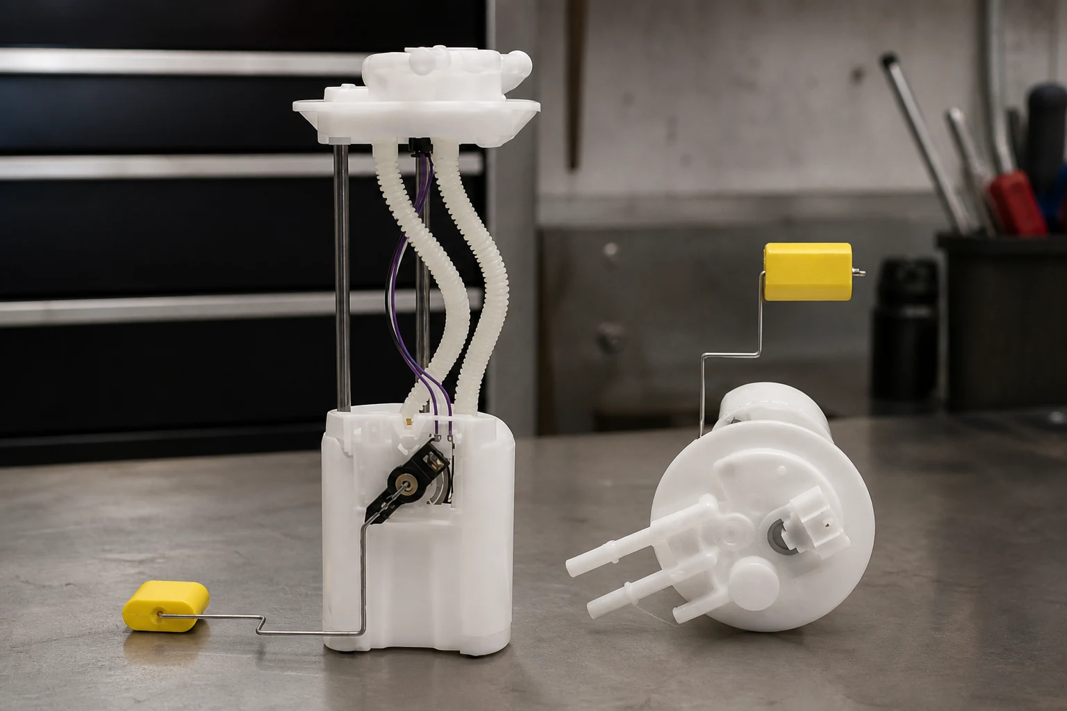 In-tank diesel fuel pump module assembly on a bench showing reservoir body and flange plate