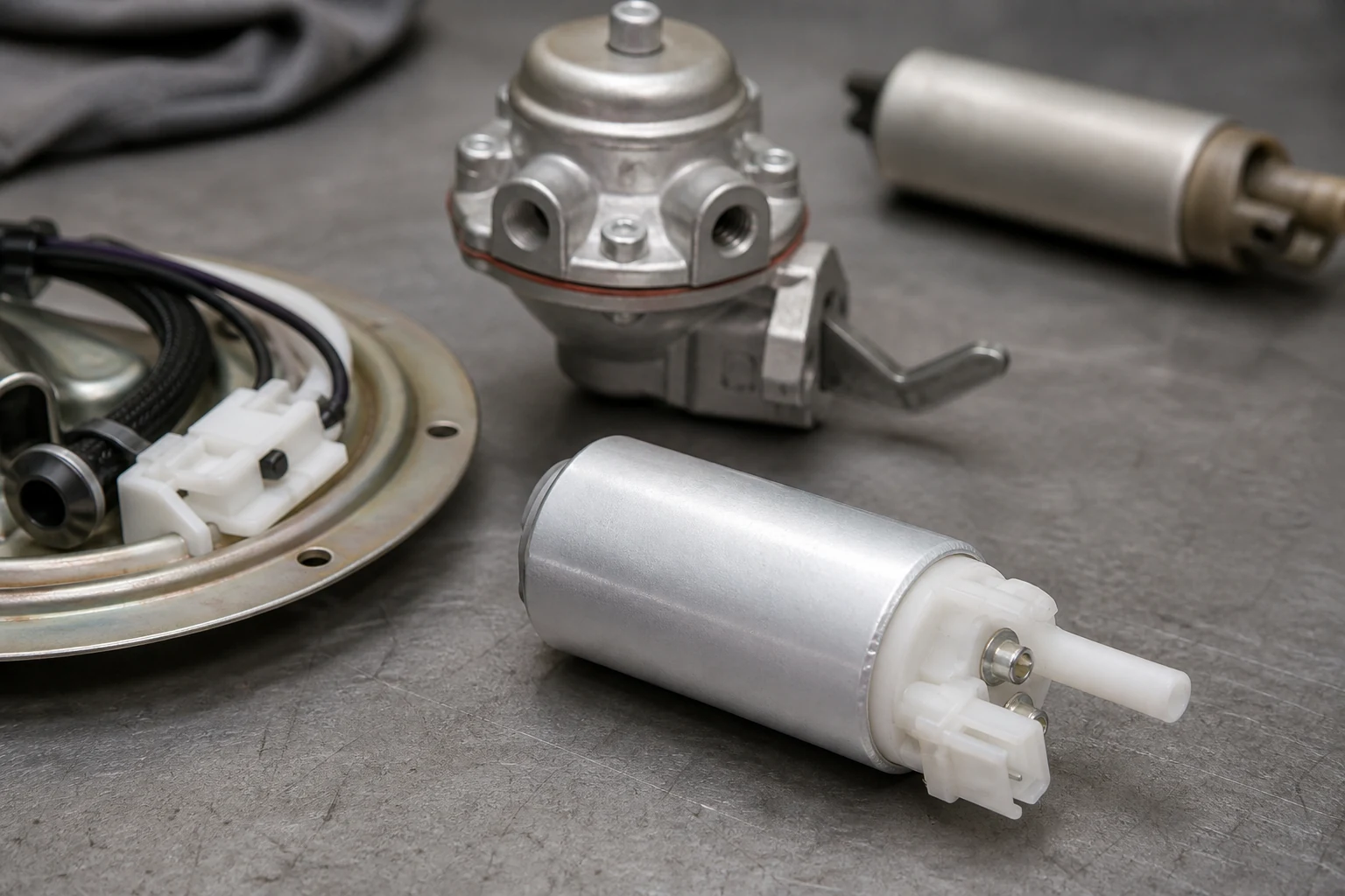 Automotive Fuel Pump Types: What Importers Should Confirm Before Sourcing Assortment of fuel pump types on a bench including cartridge, mechanical diaphragm and module flange